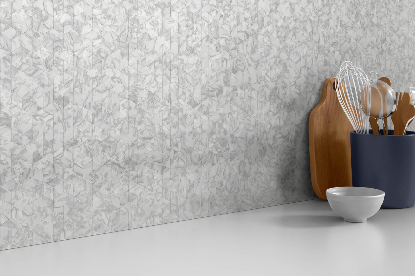 Modern White Gray Groutless 3D Cube Marble Mosaic Tile B2C-LINKWH1218MCU - B2C TILE OUTLET