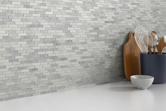 Modern White Gray Groutless Stack Stone Marble Mosaic Tile B2C-LINKWH1218MOL - B2C TILE OUTLET